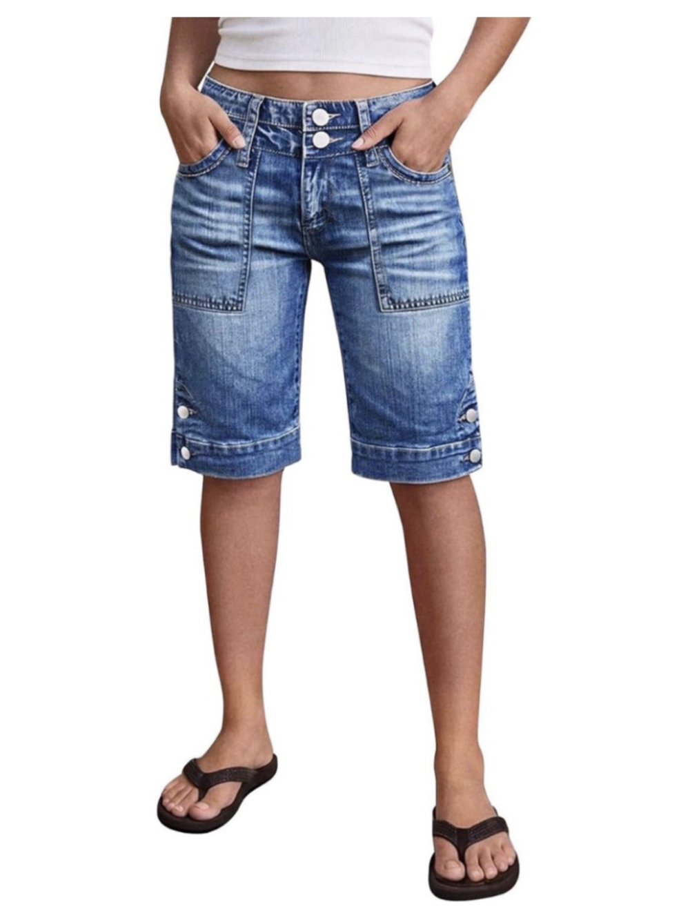 Flamingals Mid Waist Straight Leg Denim Shorts for Women Bermuda Wash M